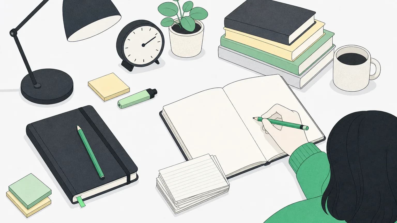 A closed notebook beside a blank page being filled in from memory, with index cards turned face down