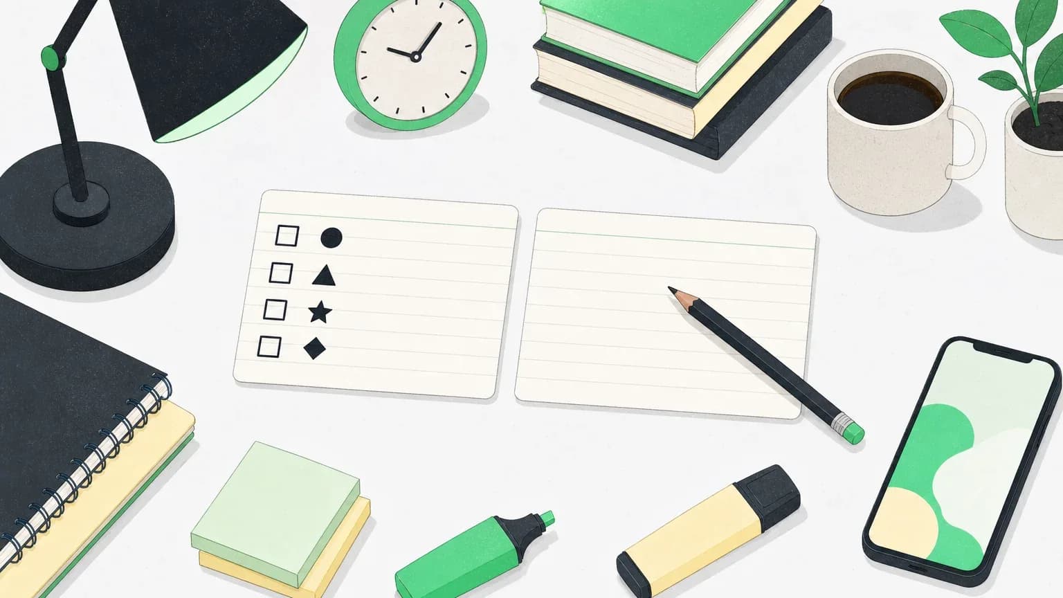 Two index cards: one with multiple-choice boxes, one blank with a pencil, showing recognition versus recall