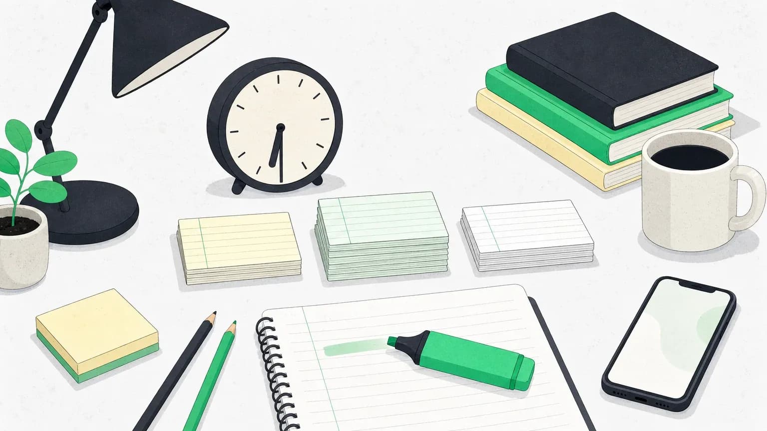 A clock beside three sorted piles of index cards and a highlighter, a short recall session set out on a desk