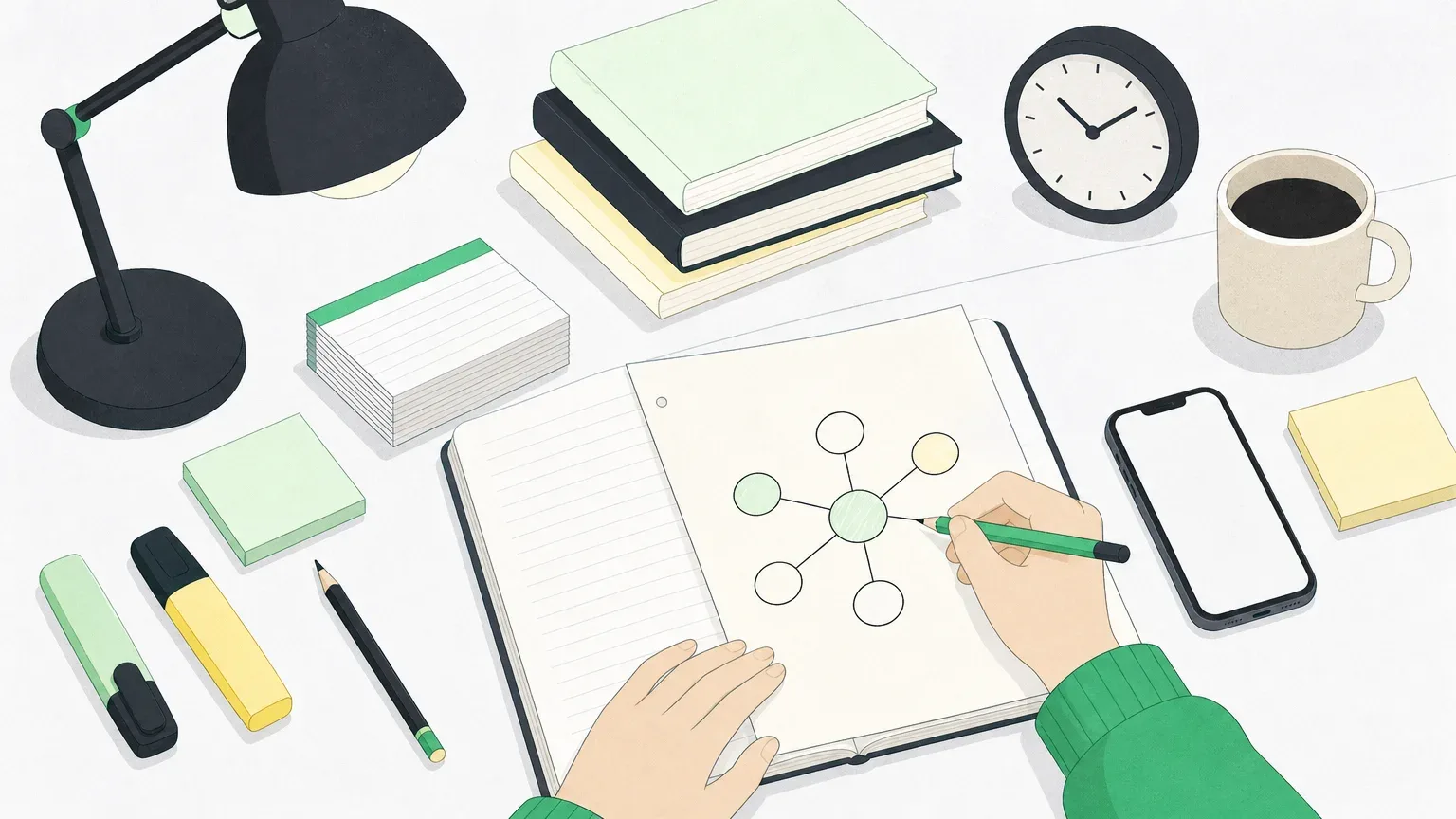 Flashcards, a covered notebook, a sketched diagram and a phone on a desk, the tools for testing yourself