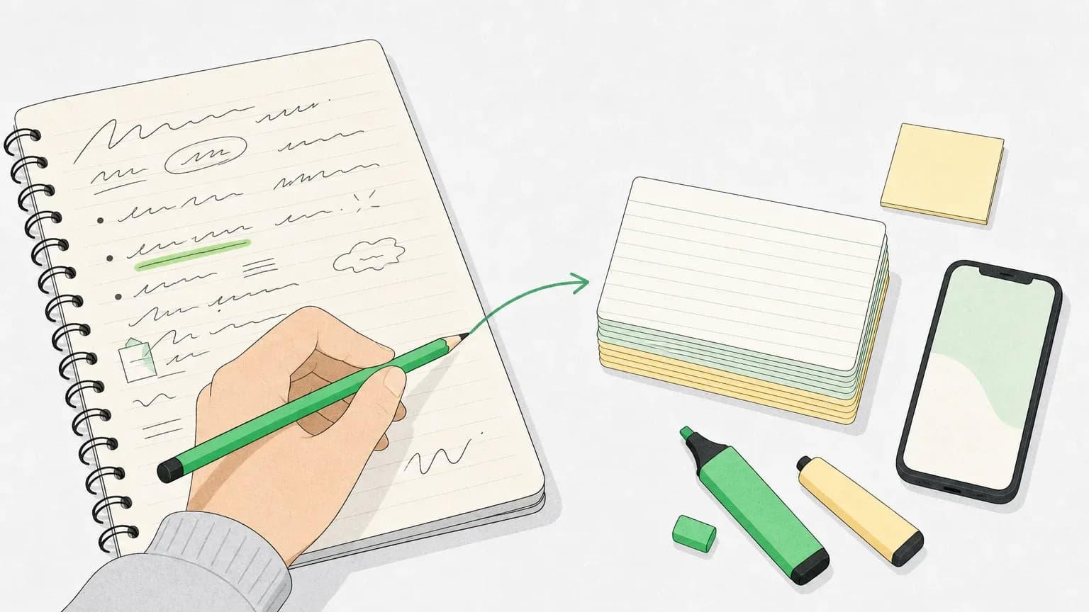 A page written from memory on one side and a stack of flashcards on the other, joined by an arrow
