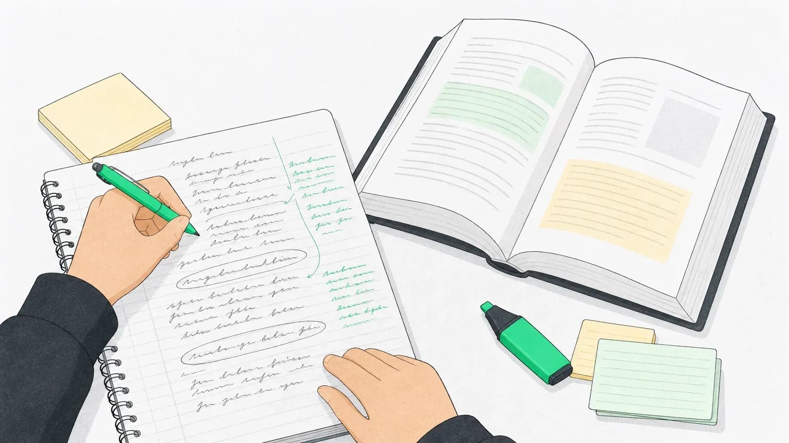 A blurted page checked against an open textbook, with missed points added in green in the margin