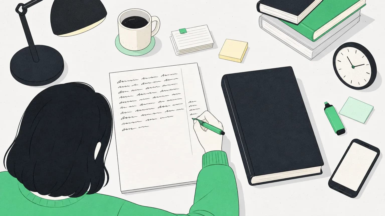 A page half filled from memory beside a closed textbook, with a green pen marking what was missed
